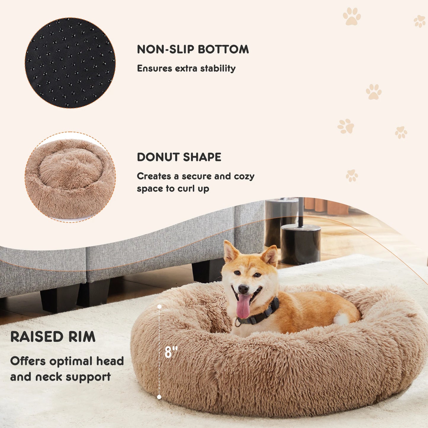 Calming Round Fluffy Plush Faux Fur Dog Bed