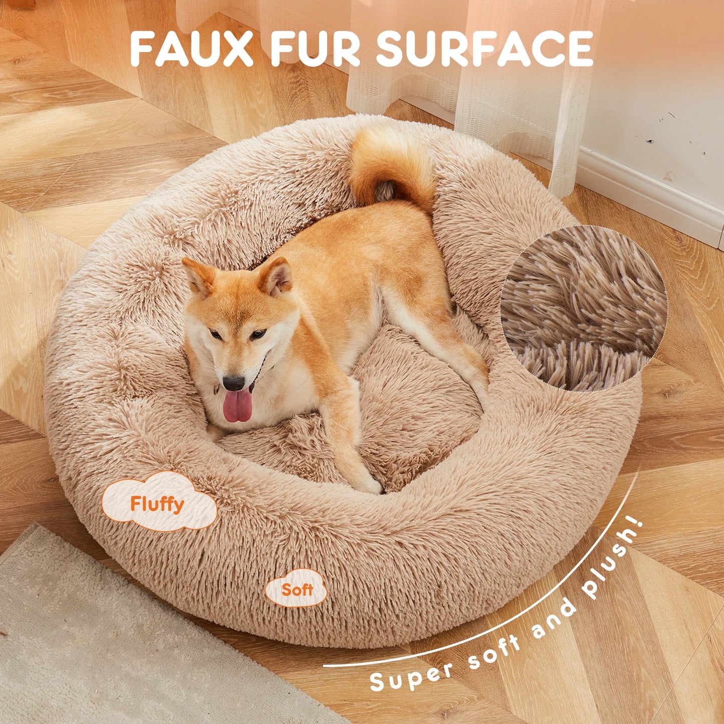 Calming Round Fluffy Plush Faux Fur Dog Bed