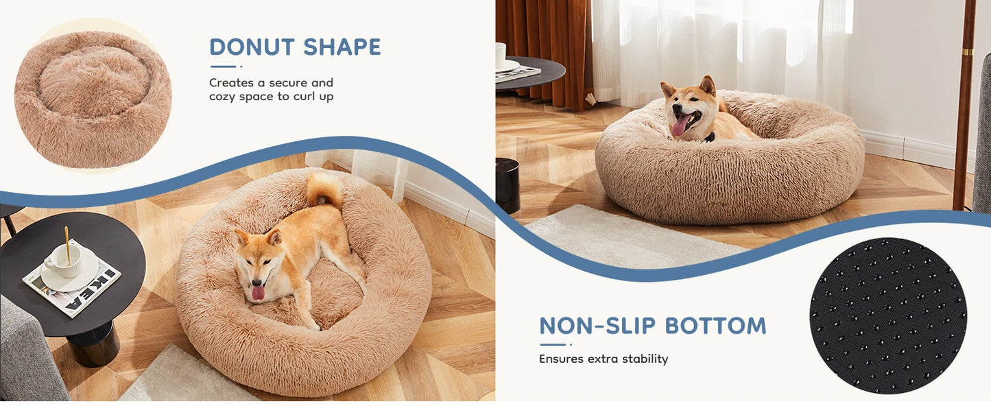 Calming Round Fluffy Plush Faux Fur Dog Bed